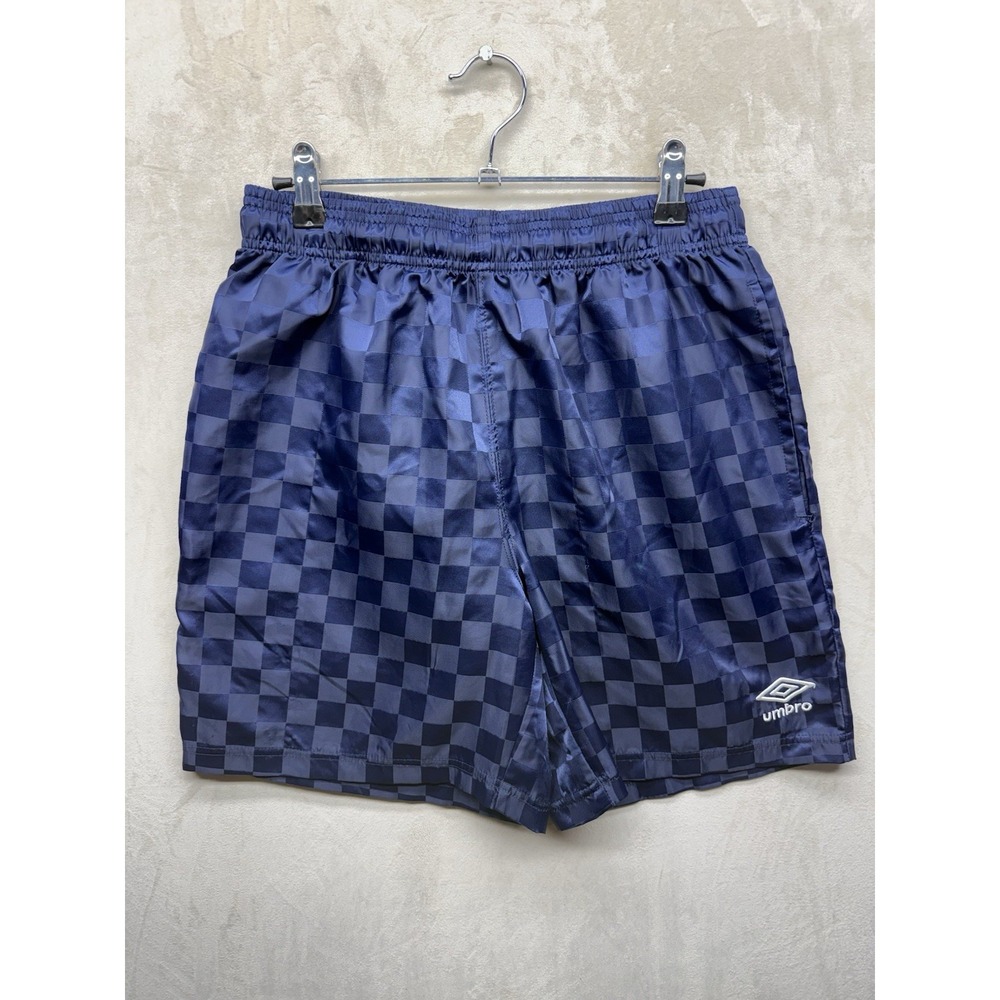 Umbro Checkerboard Soccer Shorts Mens Small Blue Shiny Athletic World Cup